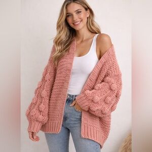 Bubble Sleeve Chunky Knit Open Front Vintage Pink Cardigan